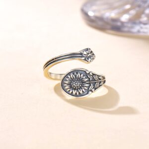 925 Sterling Silver Spoon Ring - Vintage Adjustable Butterfly Sunflower Sun SkullSpoon Rings for Women Flower Wide Thumb Ring (Sunflower)