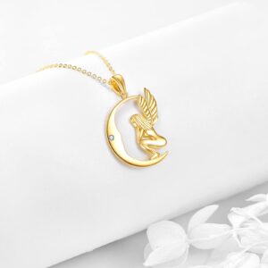 ELFRONT 14K Solid Gold Guardian Angel Wings Necklace for Women Moon Pendant Necklace Real Gold Jewelry Birthday Gifts for Her Wife Mom Grandma Girlfriend