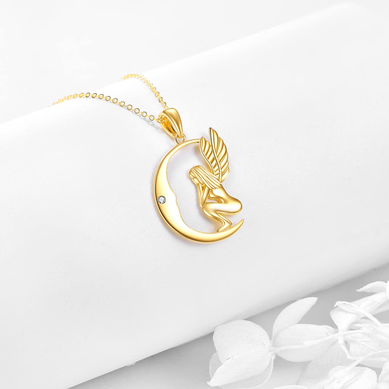 ELFRONT 14K Solid Gold Guardian Angel Wings Necklace for Women Moon Pendant Necklace Real Gold Jewelry Birthday Gifts for Her Wife Mom Grandma Girlfriend