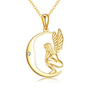 elfront 14k solid gold guardian angel wings necklace for women moon pendant necklace real gold jewelry birthday gifts for her wife mom grandma girlfriend