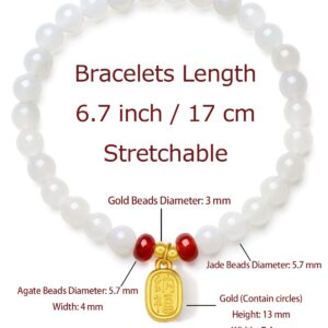 ZHOU LIU FU 24K Solid Gold Bracelets, Real Pure Gold Jewelry White Nephrite Jade Beaded Bracelets Dainty Gold Fortune Plate for Women Men Teen Girls