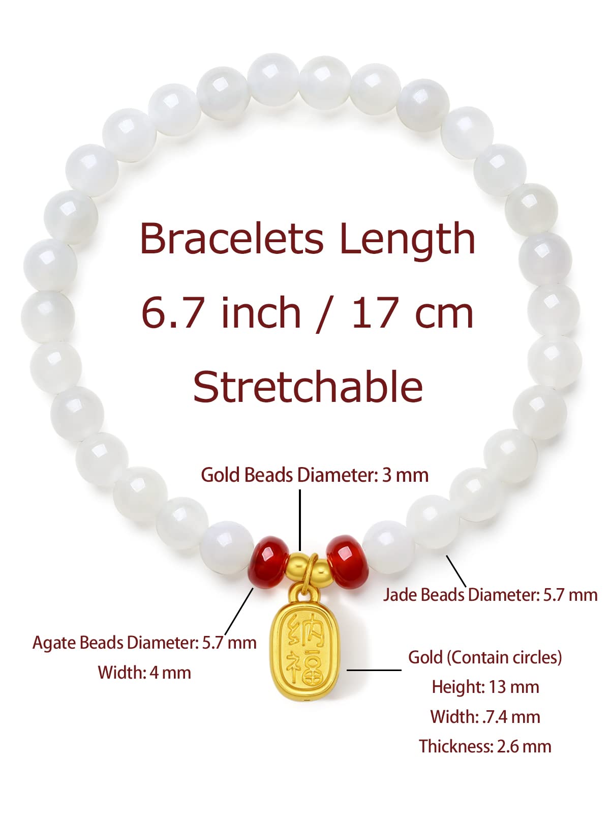 ZHOU LIU FU 24K Solid Gold Bracelets, Real Pure Gold Jewelry White Nephrite Jade Beaded Bracelets Dainty Gold Fortune Plate for Women Men Teen Girls