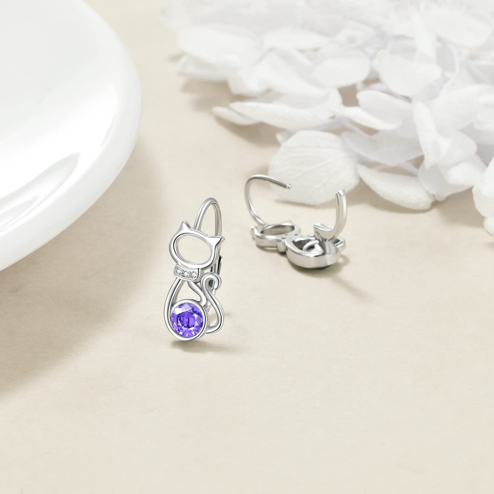 AOBOCO 925 Sterling Silver Cat Earrings for Women Purple Crystal Cat Leverback Dangle Earrings Cat Jewelry Packaged with Jewelry Box Gifts for Women Wife