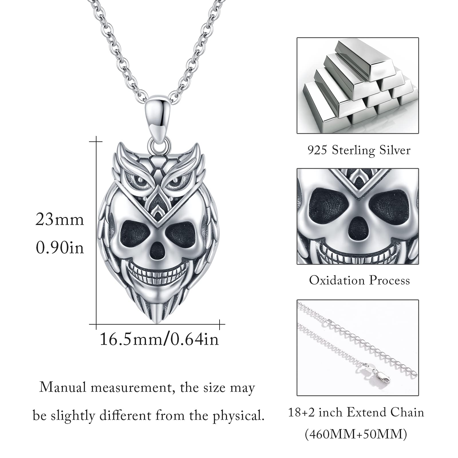 Skull Owl Necklace 925 Sterling Silver Skull Owl Pendant Necklace Christmas/Valentine's Day/Mother's Day Jewelry Gifts for Women Mom Daughter Wife friend