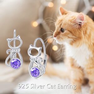 AOBOCO 925 Sterling Silver Cat Earrings for Women Purple Crystal Cat Leverback Dangle Earrings Cat Jewelry Packaged with Jewelry Box Gifts for Women Wife