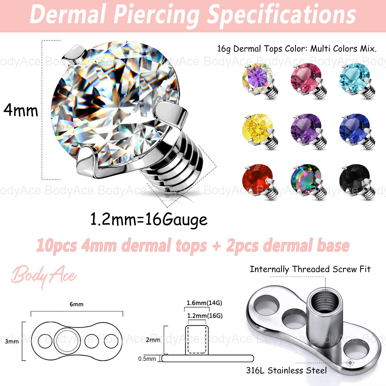 BodyAce 14G 10-12Pcs Surgical Steel Dermal Anchor Tops, Internally Threaded Dermal Piercing Jewelry Base, Cubic Zircon Implant Skin Piercing Kits (4mm Dermal Tops)