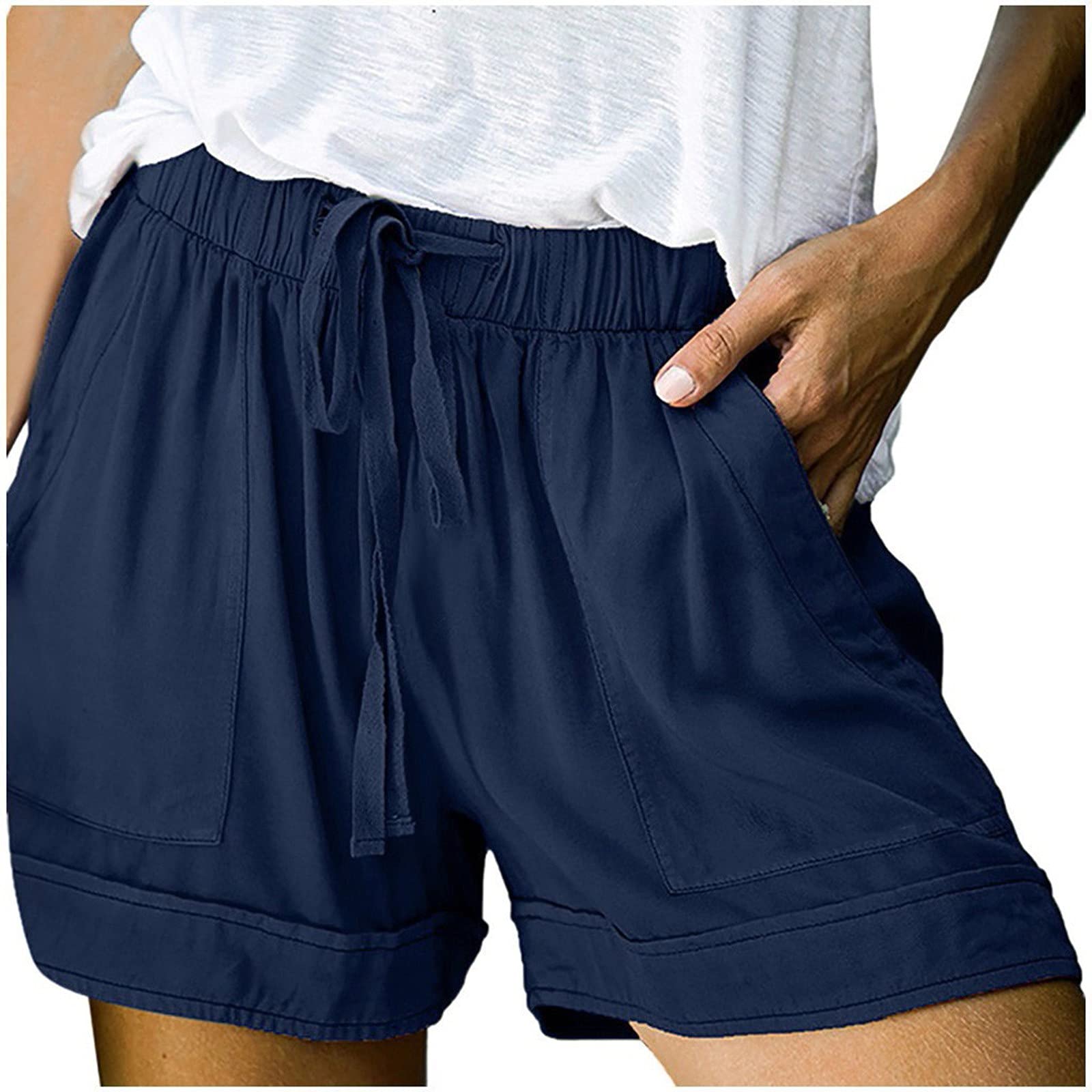 Women Capri Shorts Linen Shorts for Women Plus Size Bermuda Shorts Beach Holiday Stylish Breathable Camping Shorts with Pockets(01-Dark Blue,X-Large)