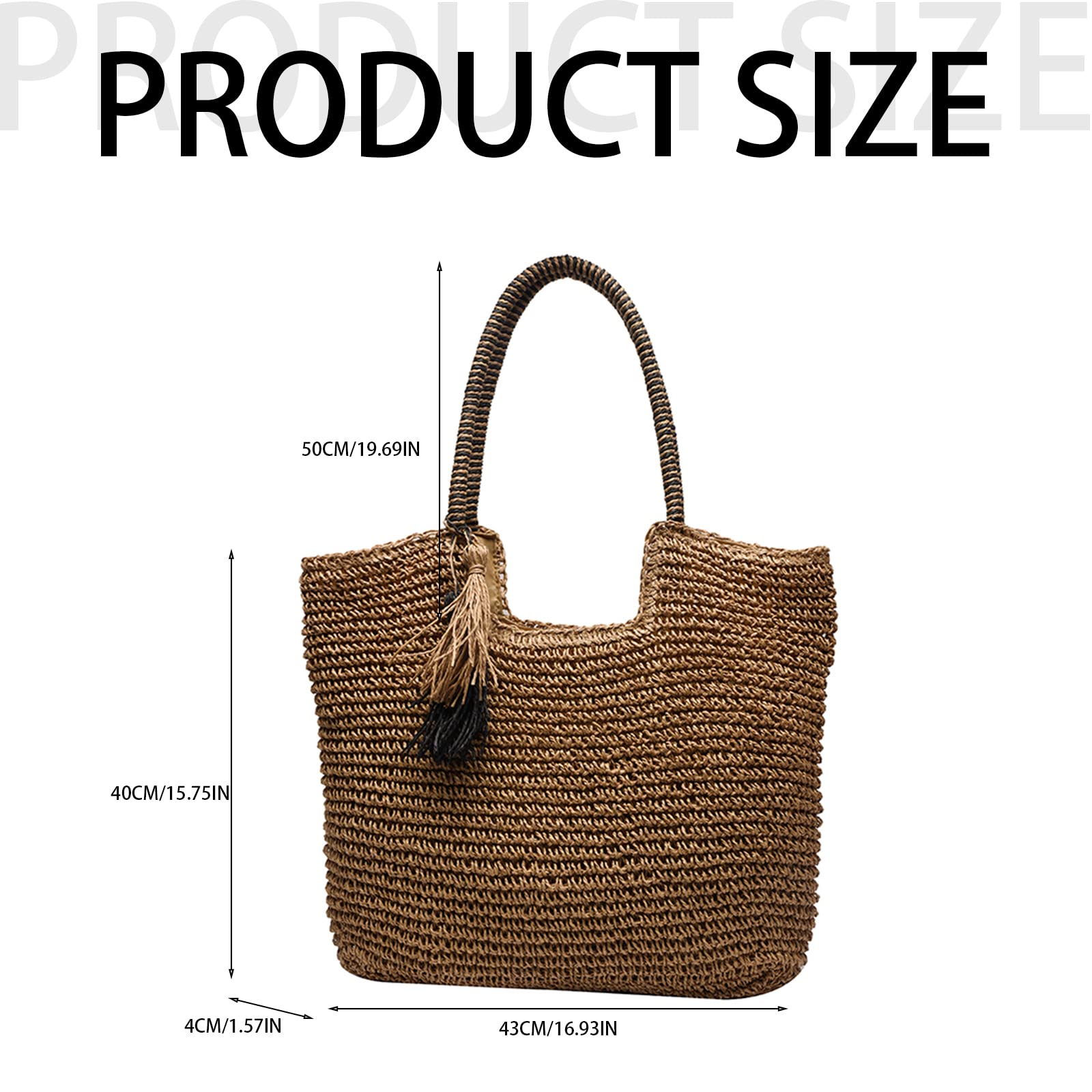 OWGSEE Straw Beach Bag, Summer Woven Tote Bag with Tassels Large Shoulder Handbag Straw Purses and Handbags for Women (Khaki)