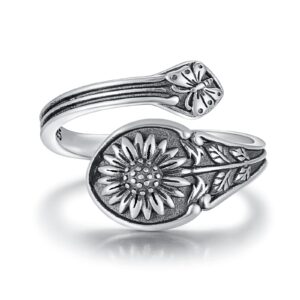 925 sterling silver spoon ring - vintage adjustable butterfly sunflower sun skullspoon rings for women flower wide thumb ring (sunflower)