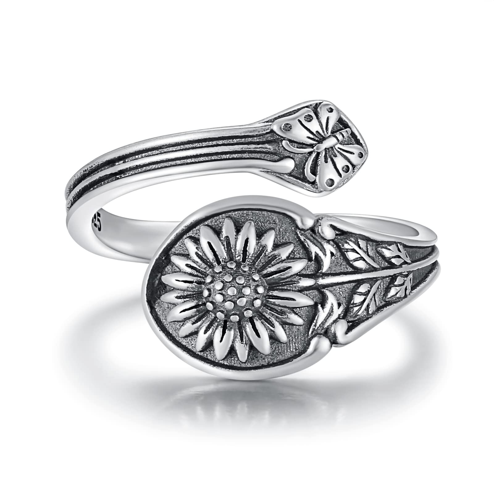 925 Sterling Silver Spoon Ring - Vintage Adjustable Butterfly Sunflower Sun SkullSpoon Rings for Women Flower Wide Thumb Ring (Sunflower)