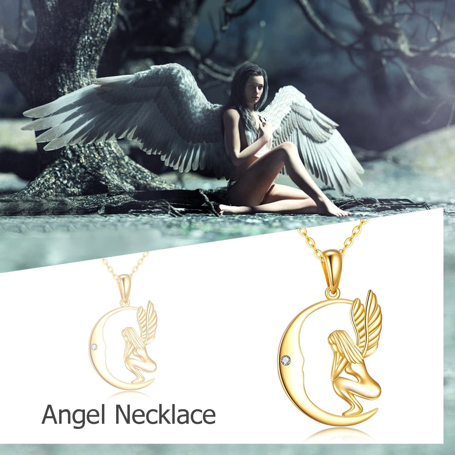 ELFRONT 14K Solid Gold Guardian Angel Wings Necklace for Women Moon Pendant Necklace Real Gold Jewelry Birthday Gifts for Her Wife Mom Grandma Girlfriend