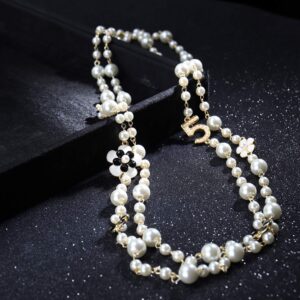 Designer Imitation Pearl Neckalce Camellia Flower Number 5 Long Layered Charm Sweater Neckalce for Women