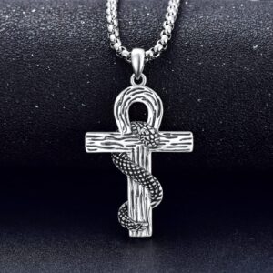 PDTJMTG Ankh Necklace Sterling Silver Egyptian Ankh Snake Cross Pendant with Stainless Steel Chain Gift for Men Women