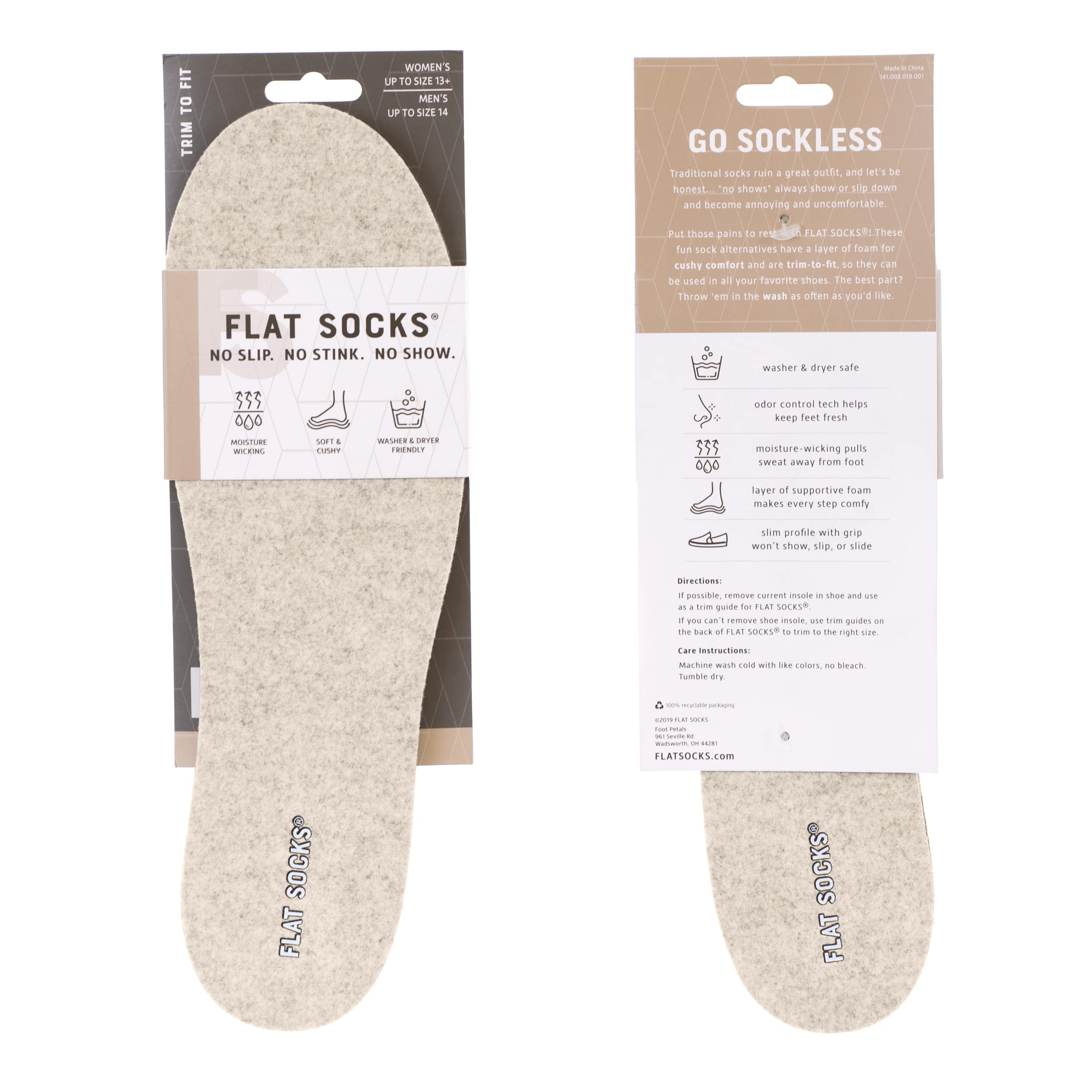 FLAT SOCKS No Show Socks, Sockless Shoe Liner, No Slipping, No Stinking, Washable Barefoot Shoe Insert for Men and Women, Sand, Large