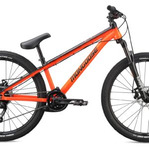 Mongoose Fireball Dirt Jump Mountain Bike, 26-Inch Wheel, 9-Speed Drivetrain, Front Suspension, Mechanical Disc Brakes, Orange