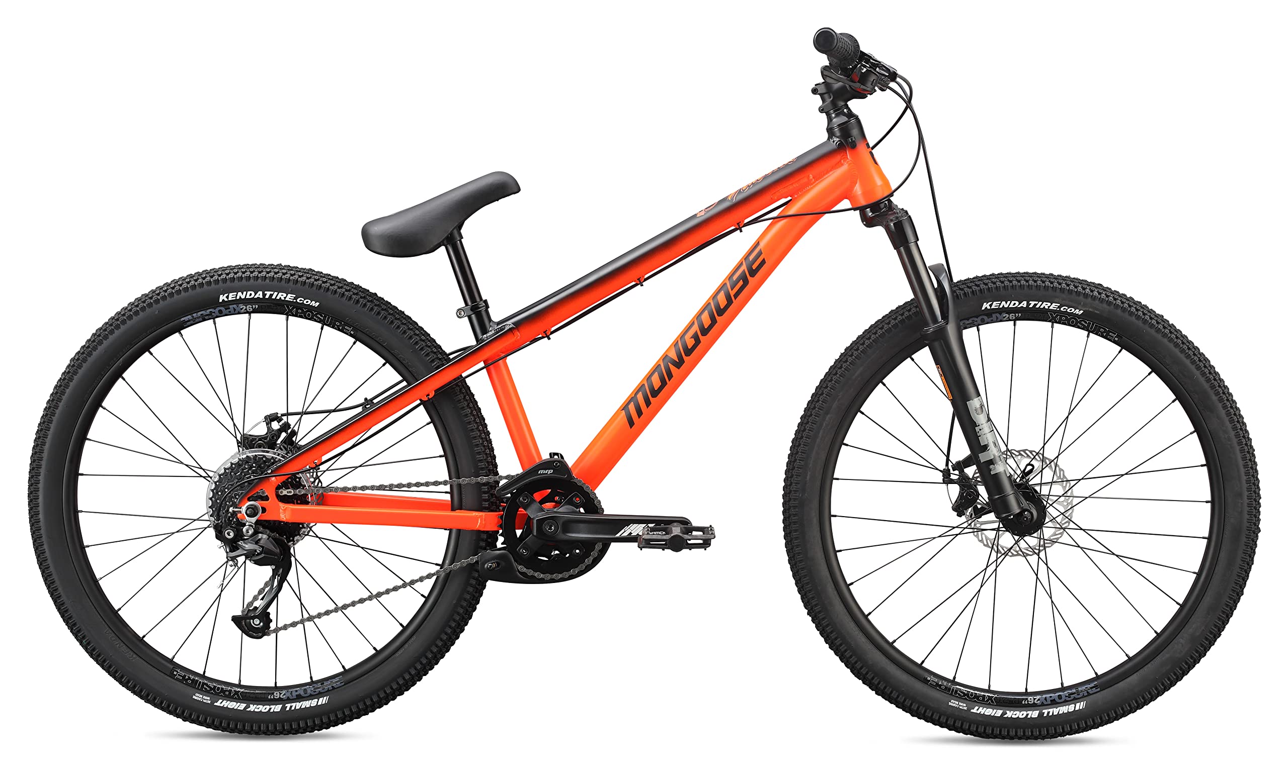 Mongoose Fireball Dirt Jump Mountain Bike, 26-Inch Wheel, 9-Speed Drivetrain, Front Suspension, Mechanical Disc Brakes, Orange