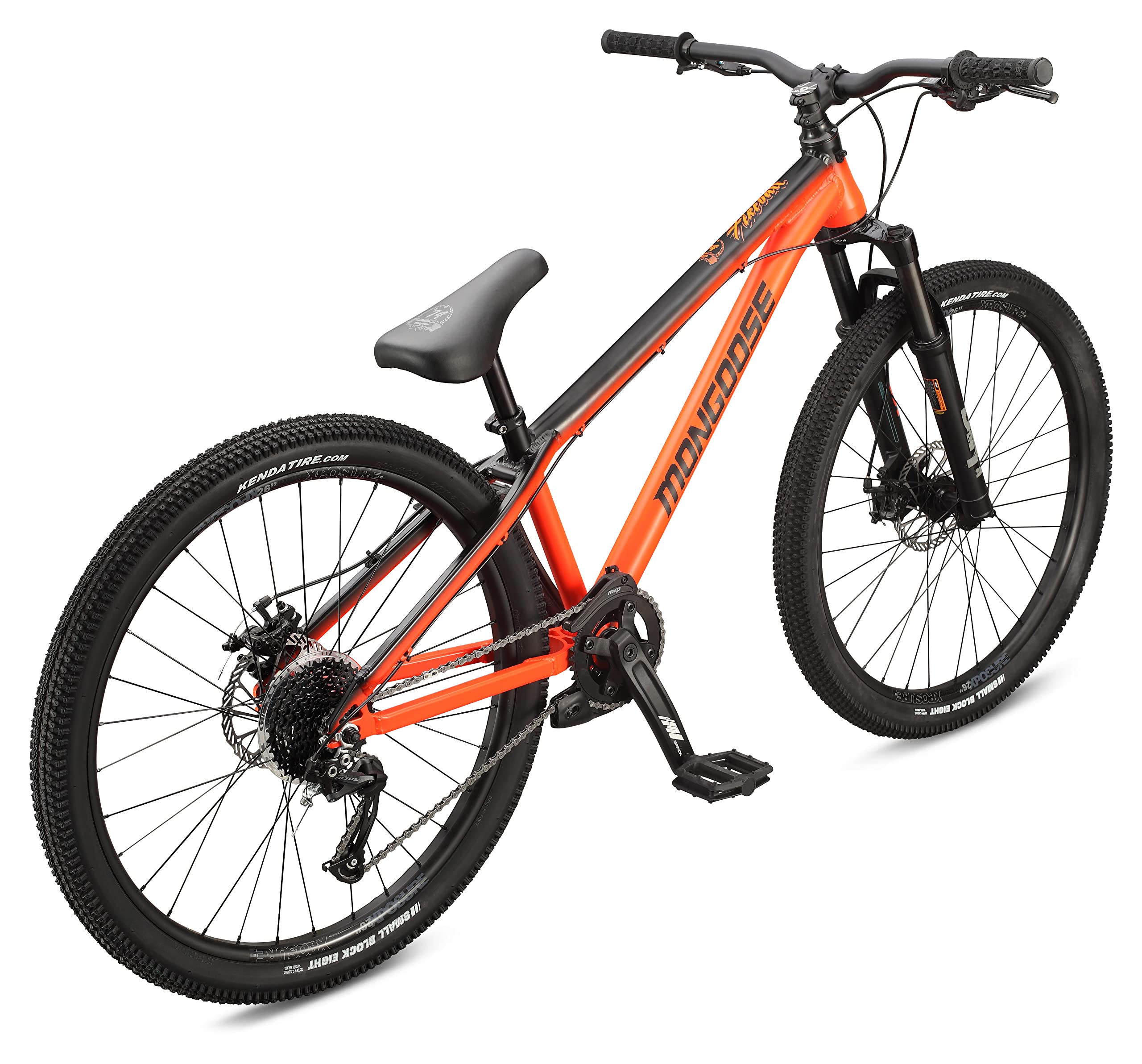 Mongoose Fireball Dirt Jump Mountain Bike, 26-Inch Wheel, 9-Speed Drivetrain, Front Suspension, Mechanical Disc Brakes, Orange