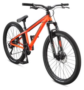 mongoose fireball dirt jump mountain bike, 26-inch wheel, 9-speed drivetrain, front suspension, mechanical disc brakes, orange