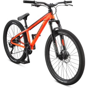 Mongoose Fireball Dirt Jump Mountain Bike, 26-Inch Wheel, 9-Speed Drivetrain, Front Suspension, Mechanical Disc Brakes, Orange