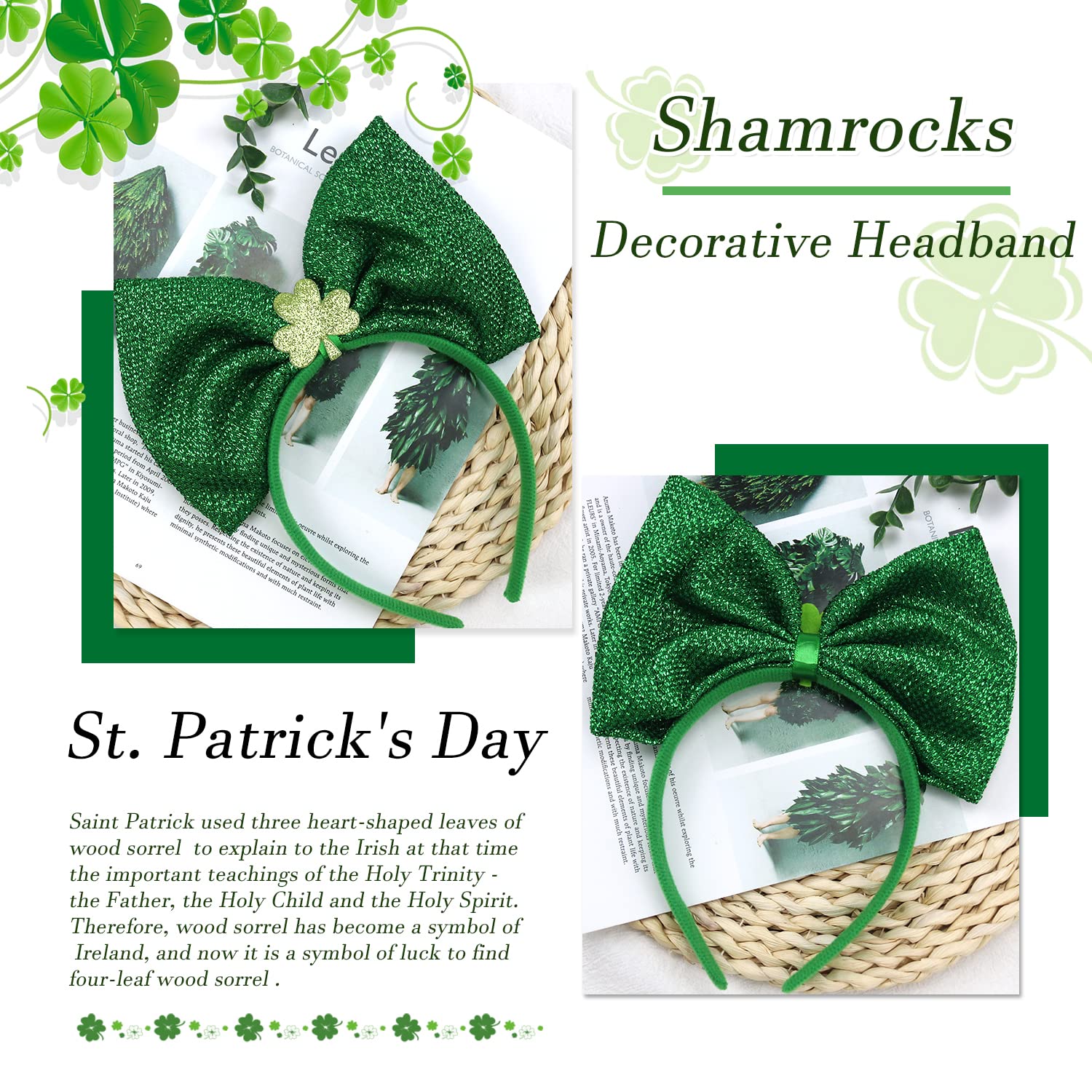 BELSITA St.Patrick’s Day Headbands Shamrock Hair Hoop Green Glitters Bows Shamrock Head Boppers for St.Patrick’s Day Party Hair Accessories Lucky Hairbands Irish Costume Party Gifts