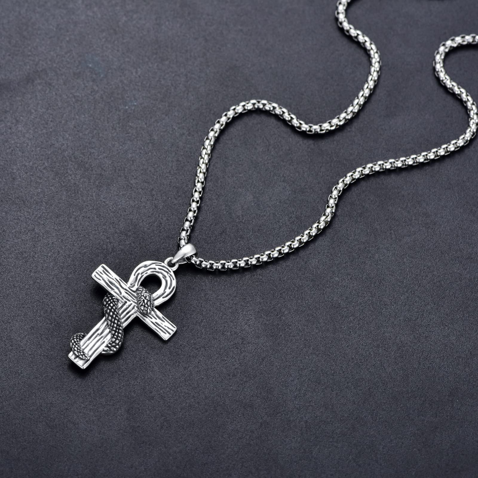 PDTJMTG Ankh Necklace Sterling Silver Egyptian Ankh Snake Cross Pendant with Stainless Steel Chain Gift for Men Women