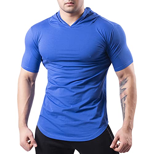 Mens Fashion Workout Hipster Hooded Short Sleeve Lightweight Soft Cotton Moisture Top Fishing Hiking Running Workout T-Shirts (Blue,Large)