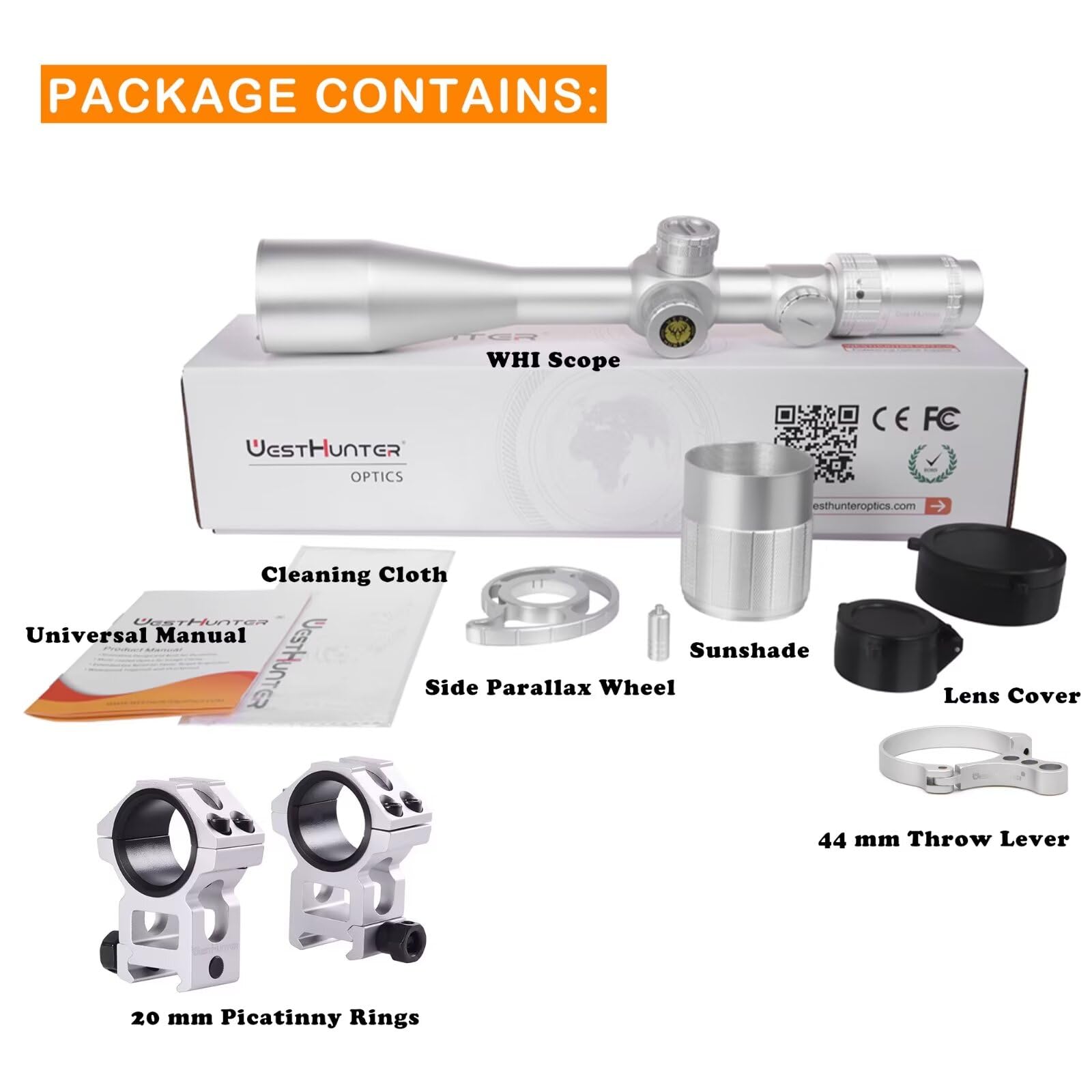 WestHunter Optics WHI 6-24x50 SFIR FFP Scope, First Focal Plane Red Green Illuminated Etched Glass Reticle, 30mm Tube Tactical Precision 1/10 MIL Scopes | Silver, Picatinny Kit B