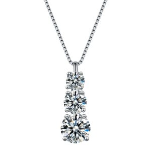 GUYOICHT Moissanite 3 Stone Necklace 925 Sterling Silver, 1.7 ct.tw. Round Cut Moissanite Pendant Necklaces for Women, 16+2inches Chain (3 stone-round)