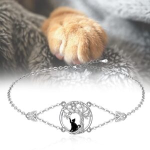 Black Cat Bracelet for Women Tree of Life Sterling Silver Cat Bracelets Black Cats Halloween Cats Lover Gifts