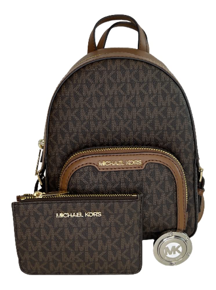 Michael Kors Jaycee XS Convertible Zip Pocket Backpack bundled with SM TZ Coinpouch Wallet Purse Hook (Signature MK Brown)