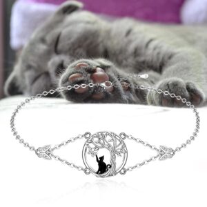 Black Cat Bracelet for Women Tree of Life Sterling Silver Cat Bracelets Black Cats Halloween Cats Lover Gifts