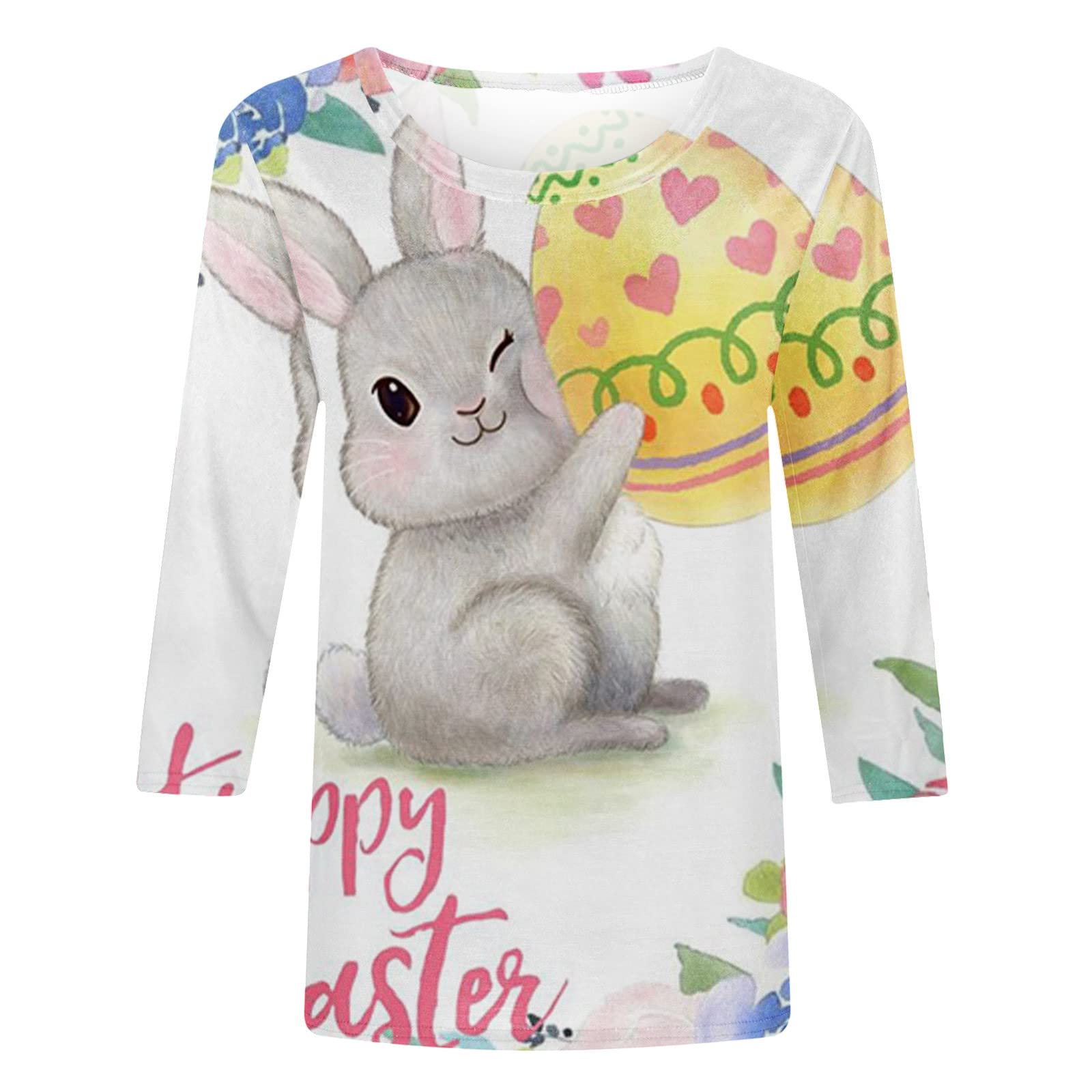 Women Happy Easter Graphic Shirt 3/4 Sleeve Tops Blouse Crewneck Tshirts Tees 2023 Cute FUUNY Basket Gift Clothes Tops