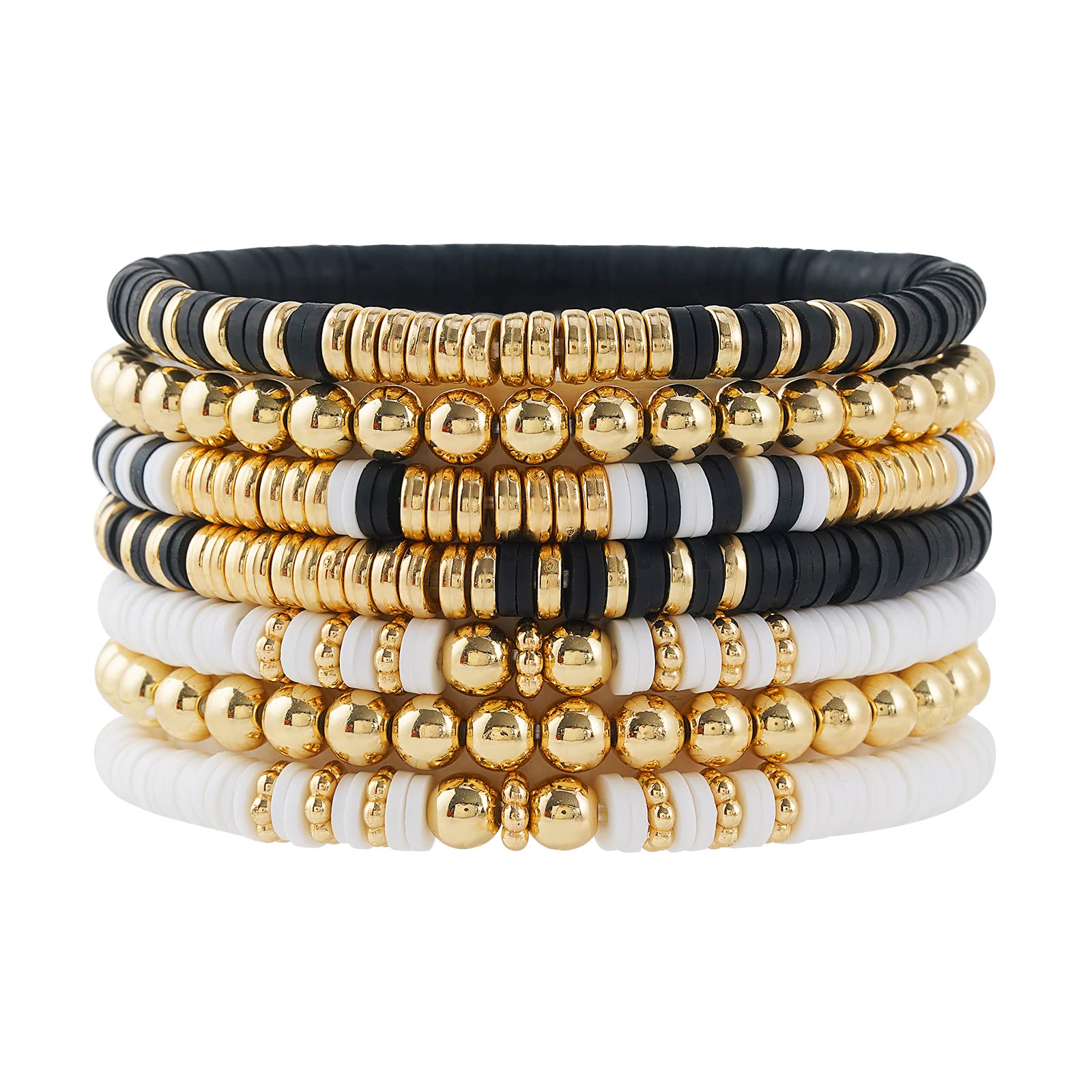 Pychee Surfer Heishi Bracelets Set for Women Stackable Gold Clay Ploymer Bead Stretch Bracelets Summer Beach Layering Black Bracelets Jewelry (A-black&white 7pcs)