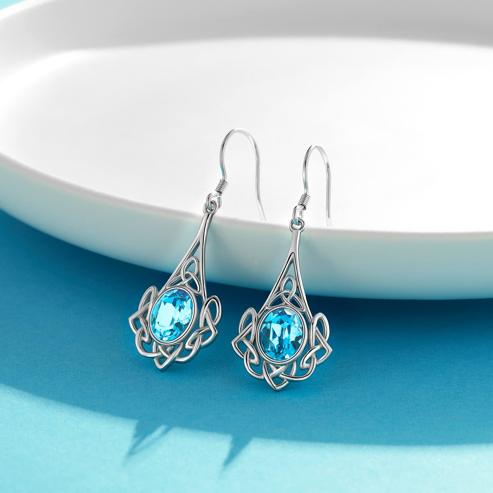 VONALA Celtic Earrings 925 Sterling Silver Aquamarine Earrings March Birthstone Austrian Crystal Drop Earrings Irish Jewellery Gift for Women