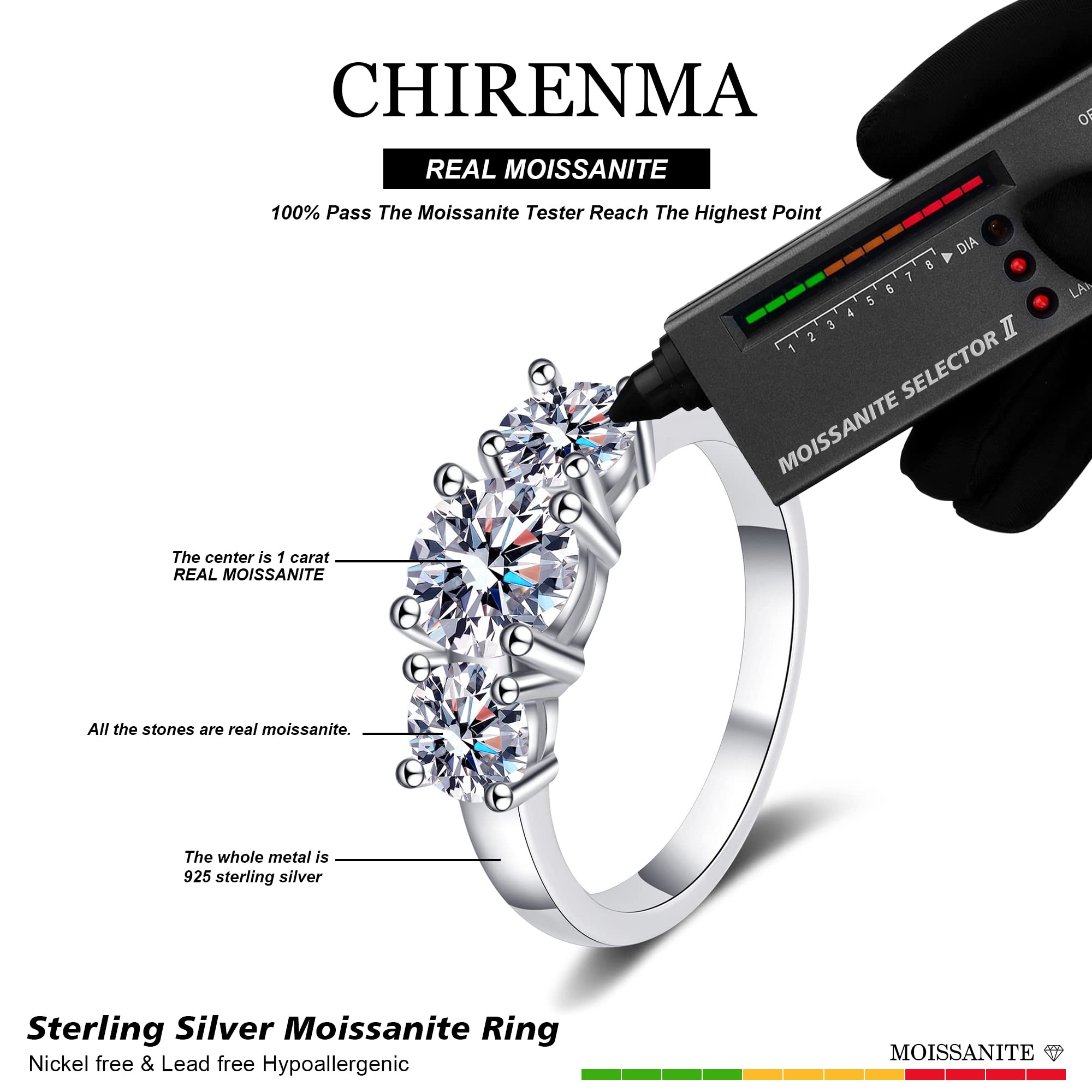 CHIRENMA 3 Stone/5 Stone Round Cut Moissanite Engagement Rings for Women in Sterling Silver, Round Cut Sparkling Wedding Band for Women Size 6-8 (3 stone, 6)