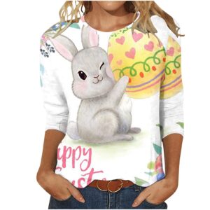 women happy easter graphic shirt 3/4 sleeve tops blouse crewneck tshirts tees 2023 cute fuuny basket gift clothes tops