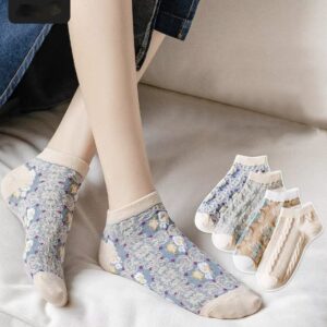 HIQUAY 4/8Pairs Women Cute Cartoon Socks Ankle Breathable Retro 3d Floral Socks (4 Pairs-Combination,1)