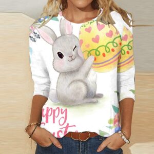 Women Happy Easter Graphic Shirt 3/4 Sleeve Tops Blouse Crewneck Tshirts Tees 2023 Cute FUUNY Basket Gift Clothes Tops