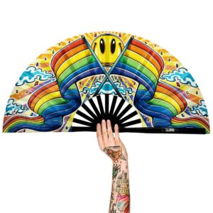 Raveahem UV Glow Rave Fan, Bamboo Folding Clack Hand Fan for Men Women (Rainbow, Large 13")