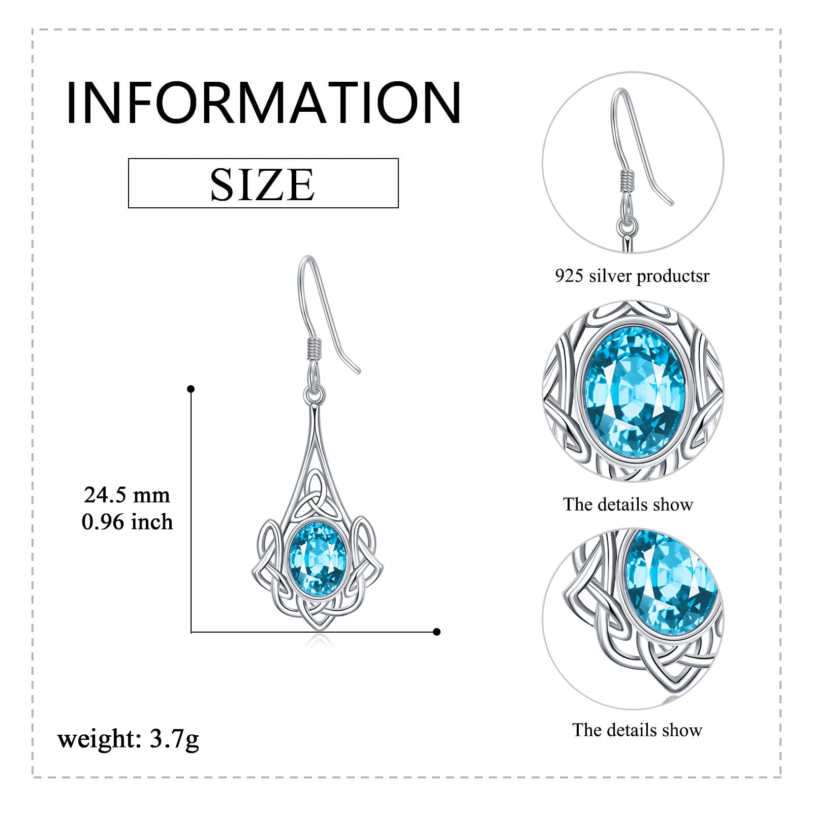 VONALA Celtic Earrings 925 Sterling Silver Aquamarine Earrings March Birthstone Austrian Crystal Drop Earrings Irish Jewellery Gift for Women