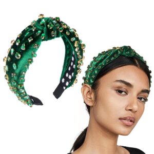 cenapog st patrick's day rhinestone knotted headband for women green crystal embellished hairbands twist turban headband elastic wide velvet hair hoop party holiday headwear for girls (green)