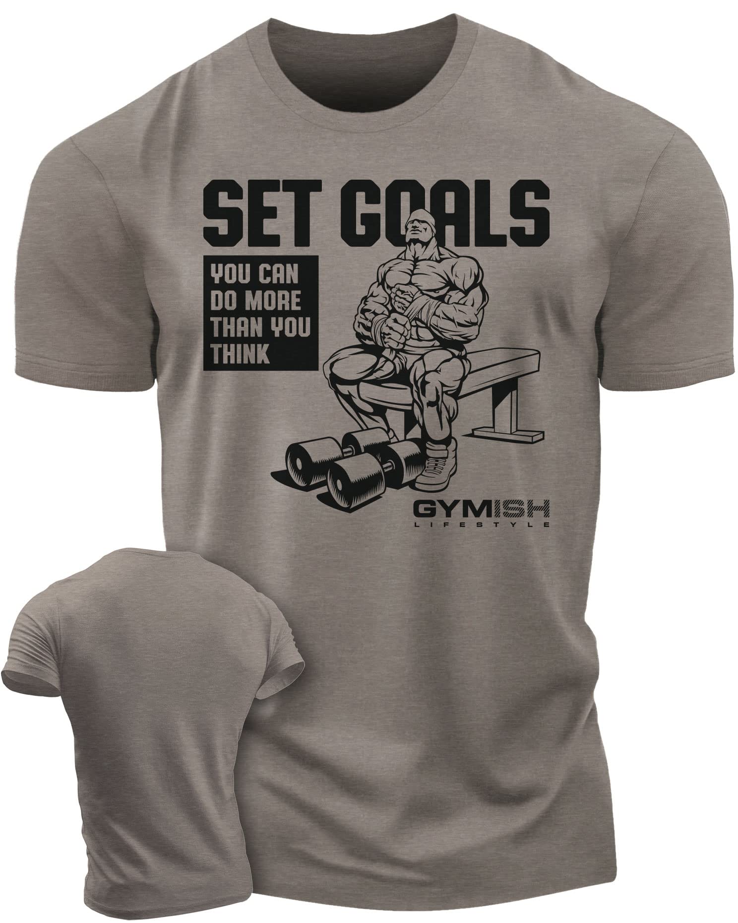 Set Goals Gym Exercise Motivational Workout Lifting T-Shirt for Men (MD, Set Goals Warm Grey)