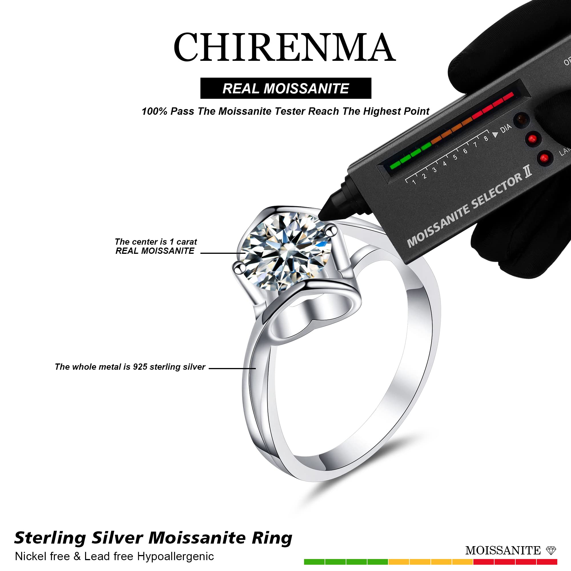 CHIRENMA 925 Sterling Silver 0.5Carat/1Carat/2Carat Round Cut Solitaire Moissanite Engagement Promise Wedding Ring for Women, Size 6-8 (style 4, 6)