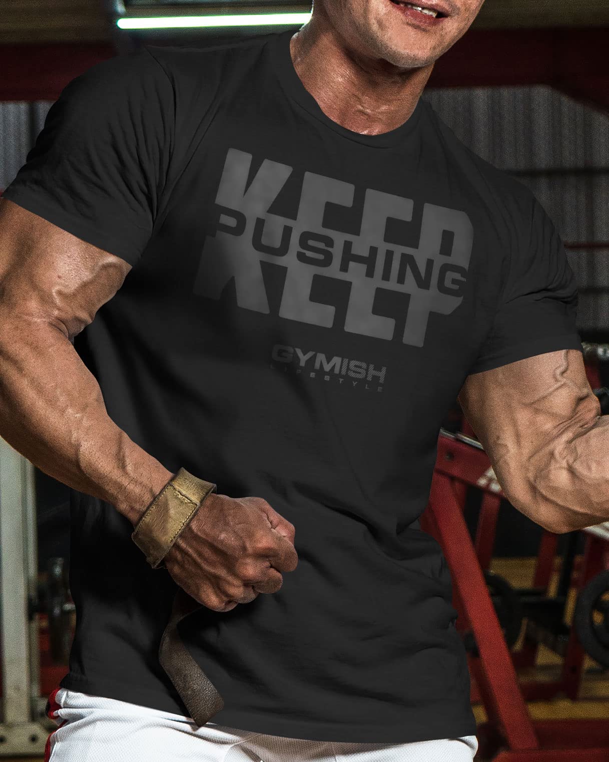 Keep Pushing Inspirational Gym Shirt to Push Your Self Workout Tshirt (XL, Keep Pushing Black on Black)