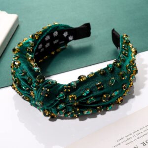 CENAPOG St Patrick's Day Rhinestone Knotted Headband for Women Green Crystal Embellished Hairbands Twist Turban Headband Elastic Wide Velvet Hair Hoop Party Holiday Headwear for Girls (Green)