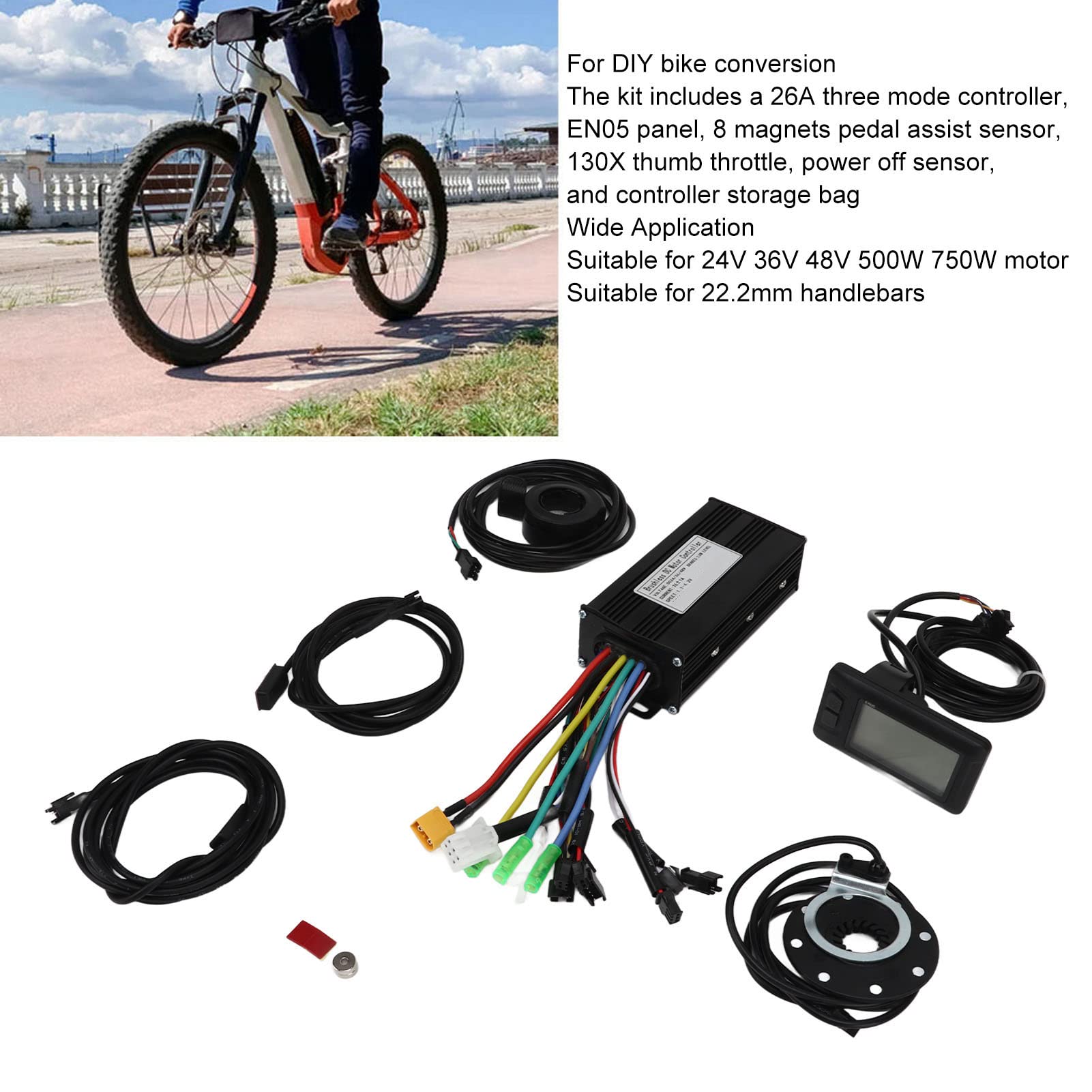 SPYMINNPOO Electric Controller Kit,Bike Conversion Kit 26A 3 Mode Controller EN05 Panel 8 Magnets Pedal Assist Sensor 130X Thumb Throttle Power Off Sensor for 500W 750W Motor