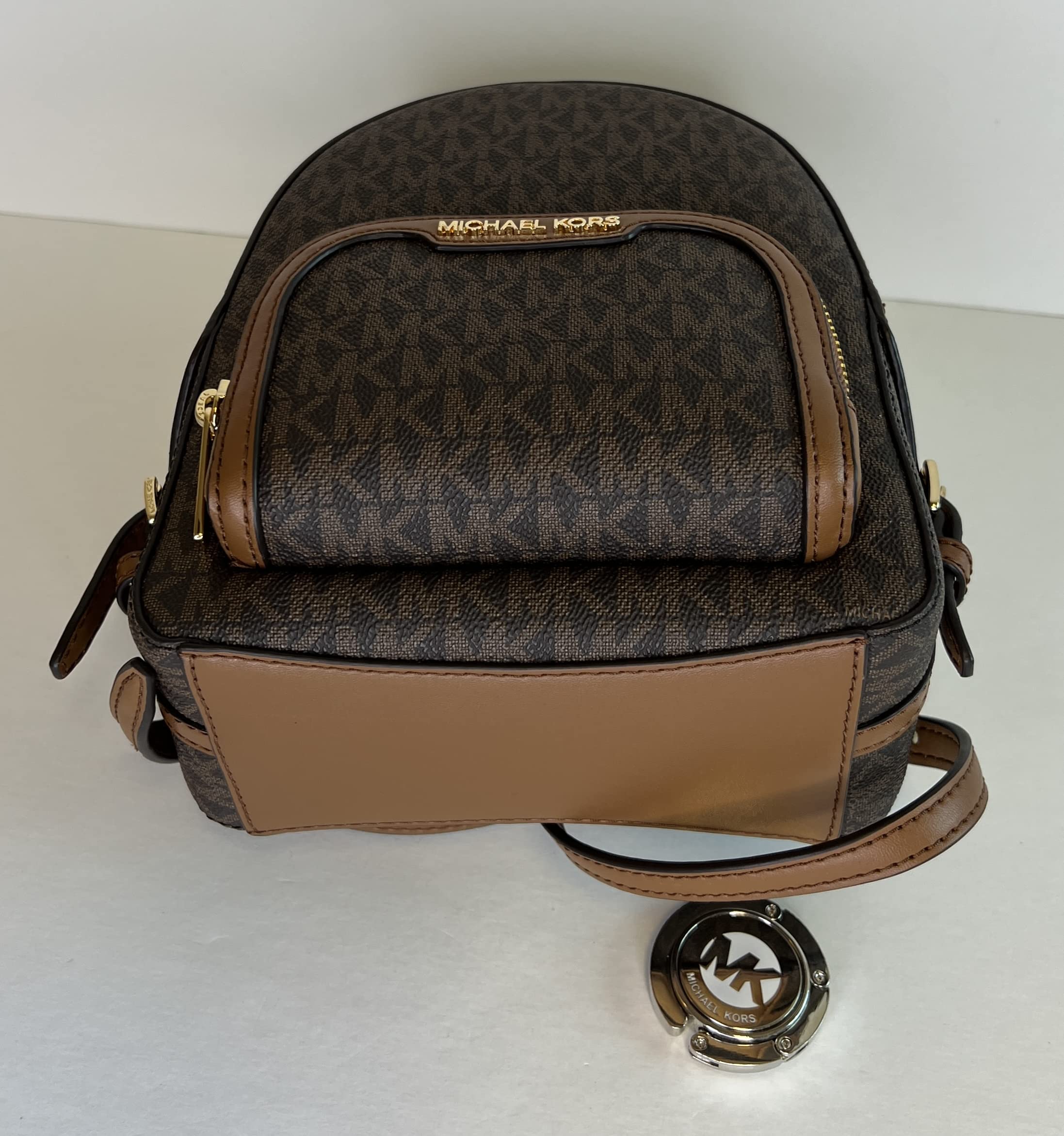 Michael Kors Jaycee XS Convertible Zip Pocket Backpack bundled with SM TZ Coinpouch Wallet Purse Hook (Signature MK Brown)