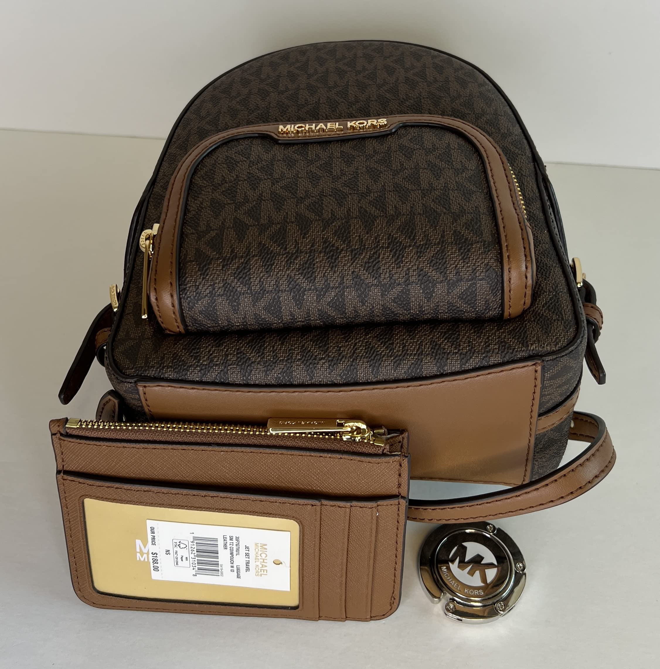 Michael Kors Jaycee XS Convertible Zip Pocket Backpack bundled with SM TZ Coinpouch Wallet Purse Hook (Signature MK Brown)