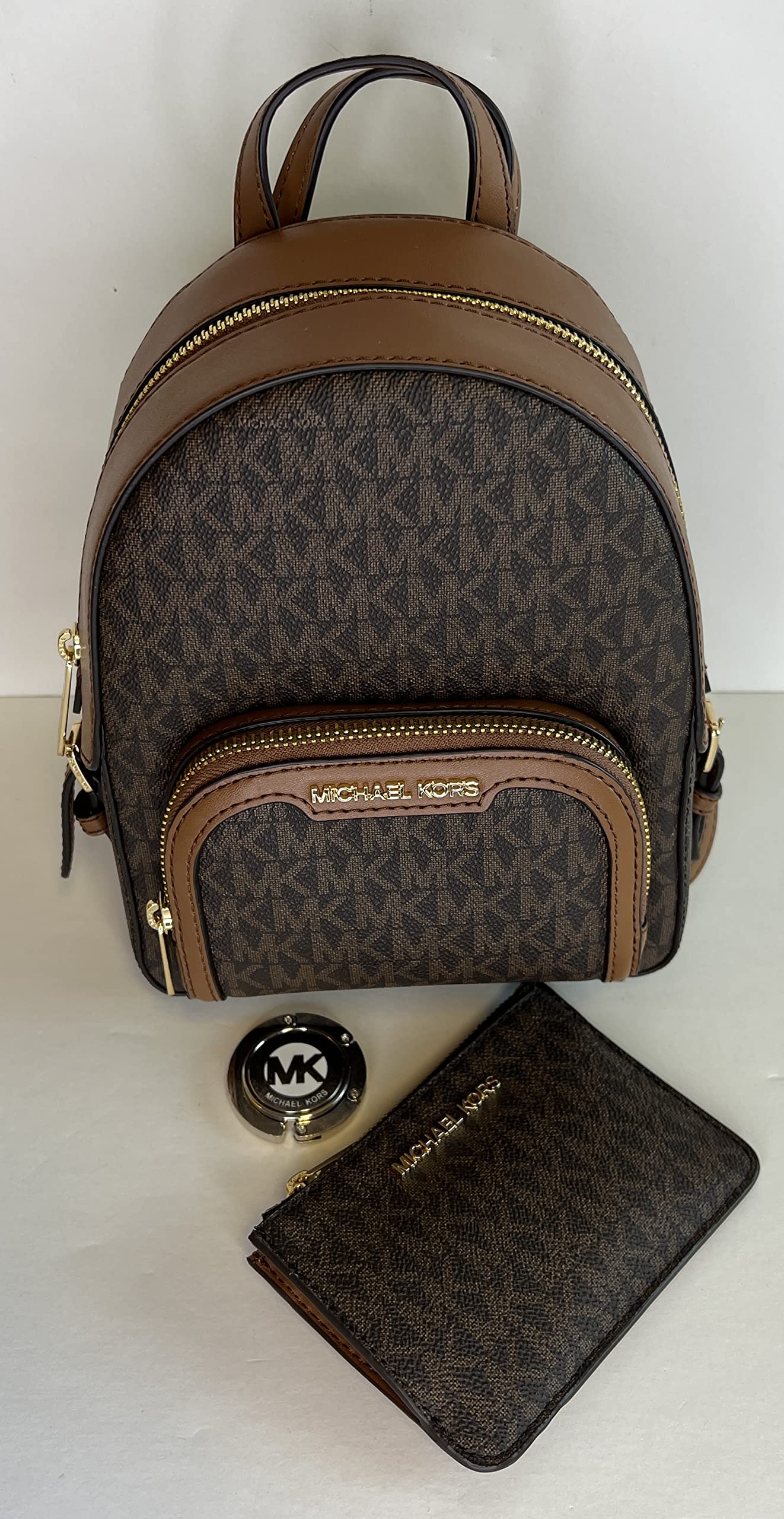 Michael Kors Jaycee XS Convertible Zip Pocket Backpack bundled with SM TZ Coinpouch Wallet Purse Hook (Signature MK Brown)