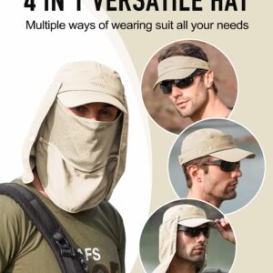 Koreshion Men Women Fishing Hat Outdoor UV Protection Sun Hat 4 in 1 Summer Hat Baseball Cap Visor Hat with Removable Mesh Face Cover & Neck Flap Beige